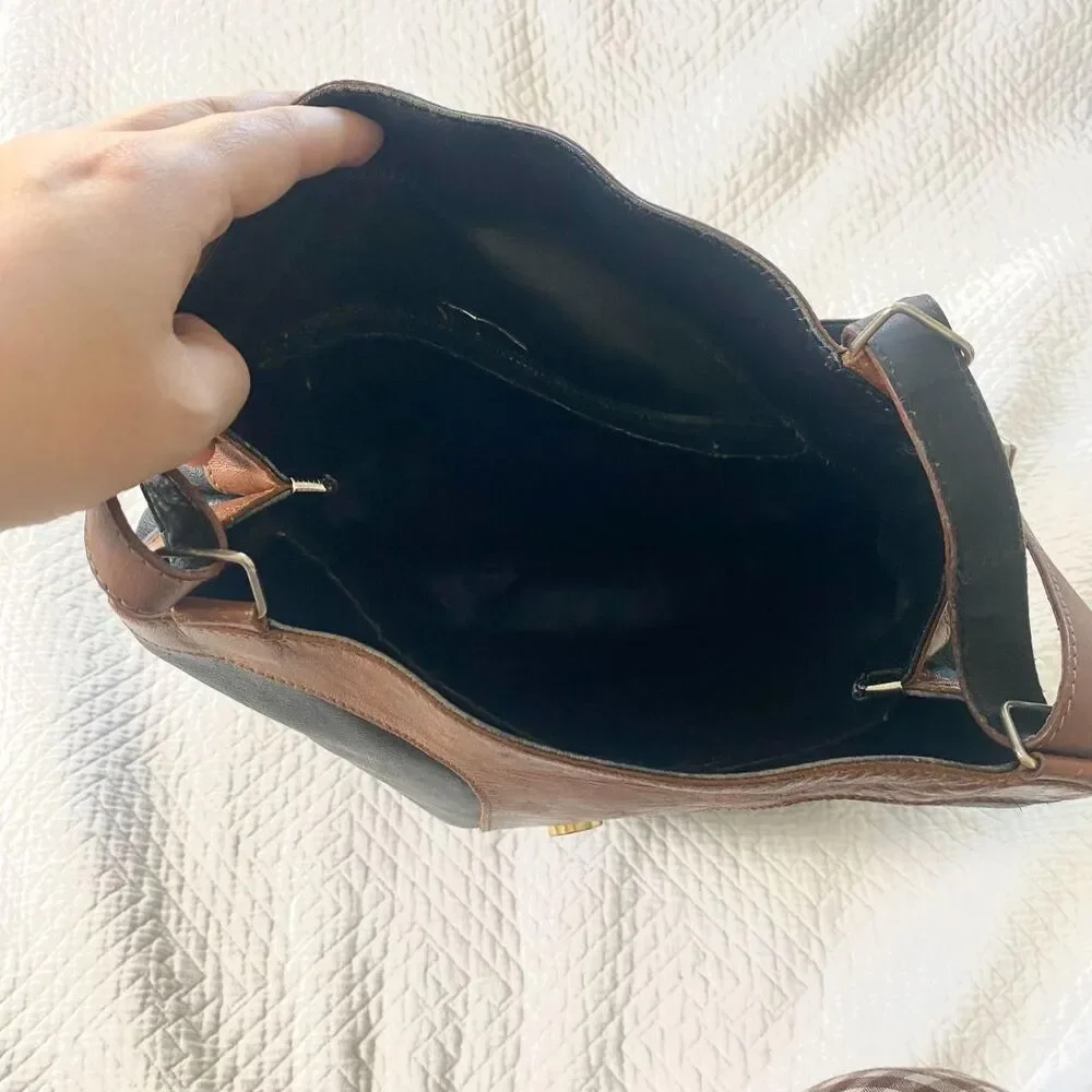 Vintage 90s Made In Austria Black Brown Soft Leather Hobo Shoulder Bucket Bag